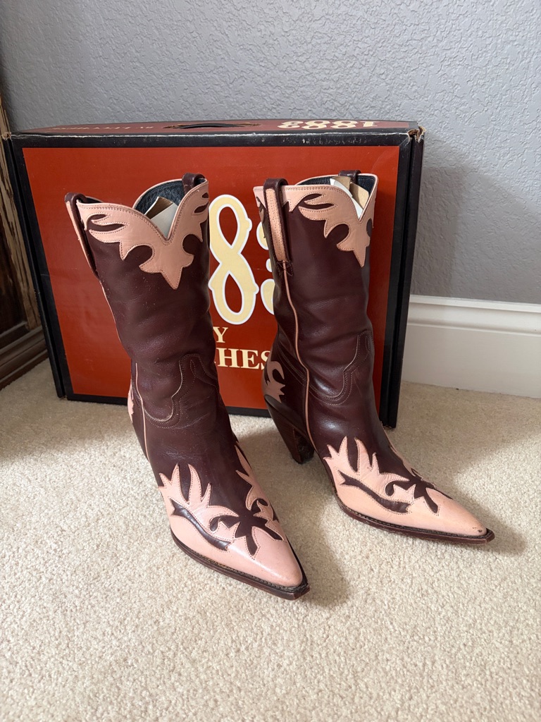 Two-Tone Brown And Pink Western Heeled Boots